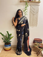 Velvet Night: Black Oversized Polka Dots Ajrakh Handblock Printed Modal Saree