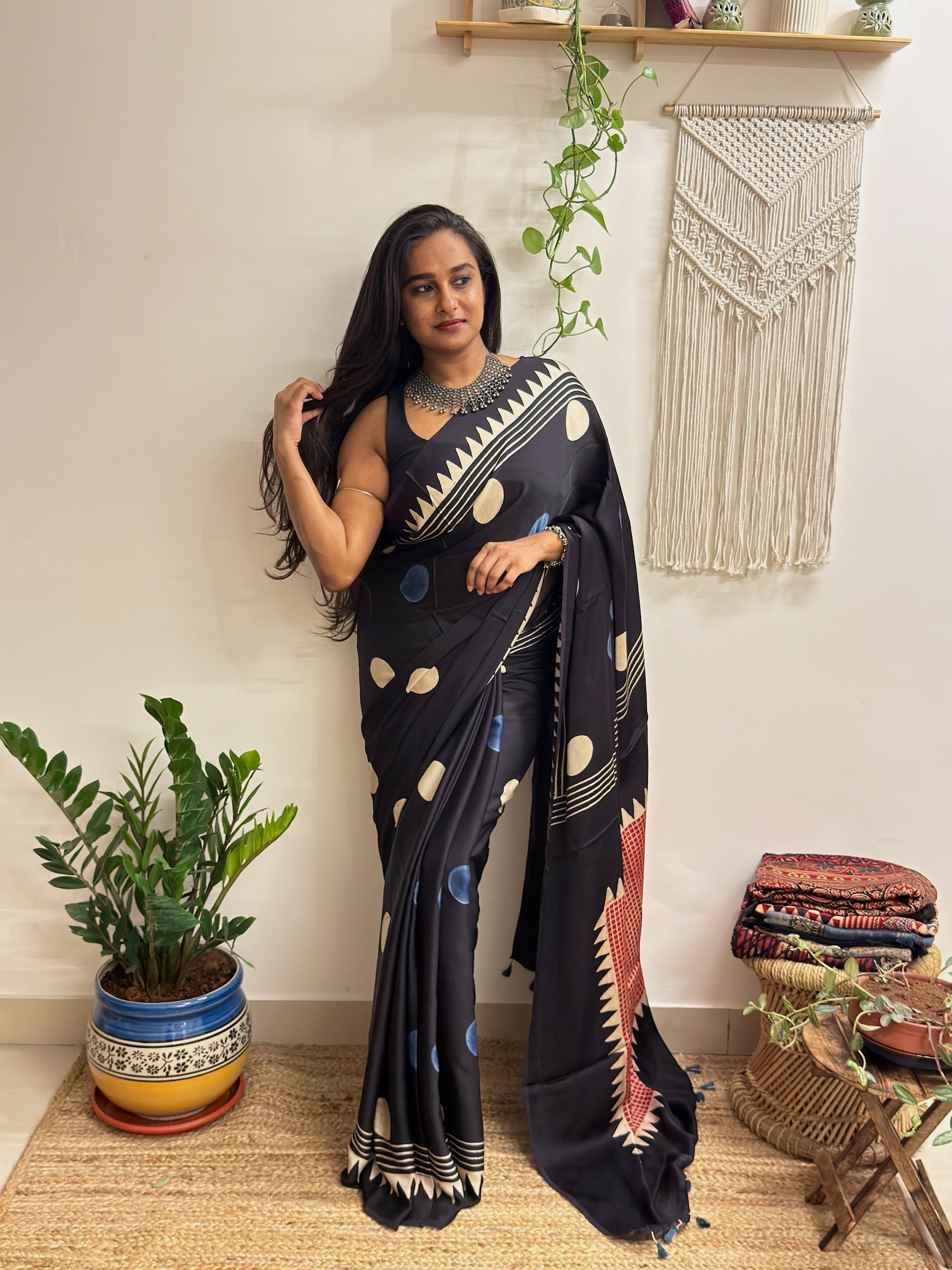 Velvet Night: Black Oversized Polka Dots Ajrakh Handblock Printed Modal Saree