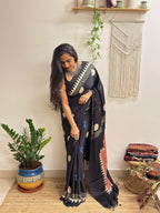 Velvet Night: Black Oversized Polka Dots Ajrakh Handblock Printed Modal Saree