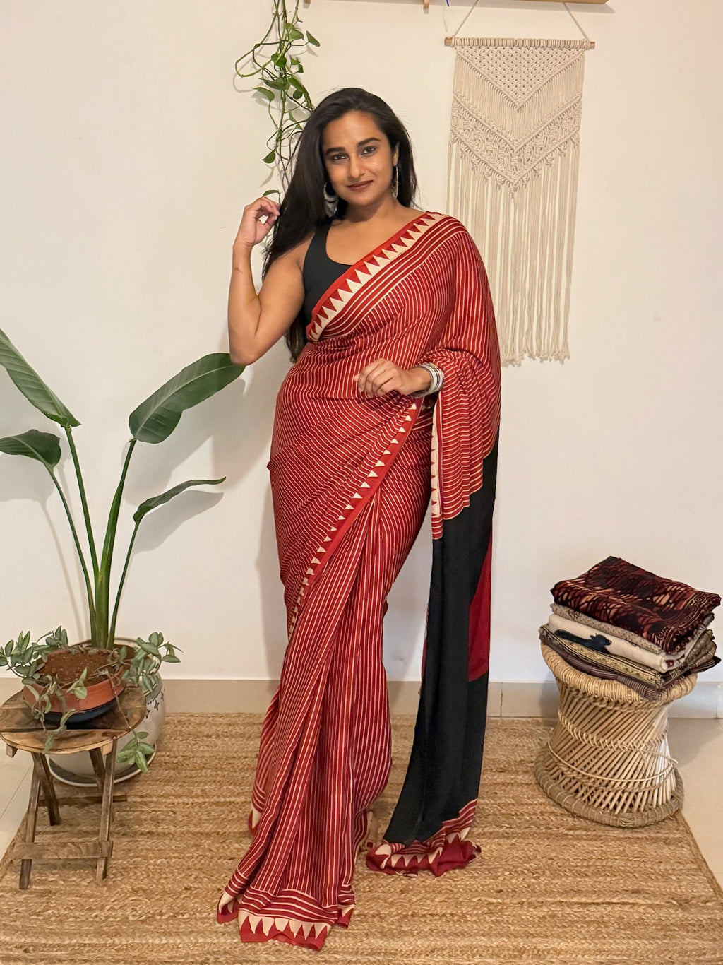 Aarzoo: Red and Cream Striped Ajrakh Handblock Printed Modal Saree