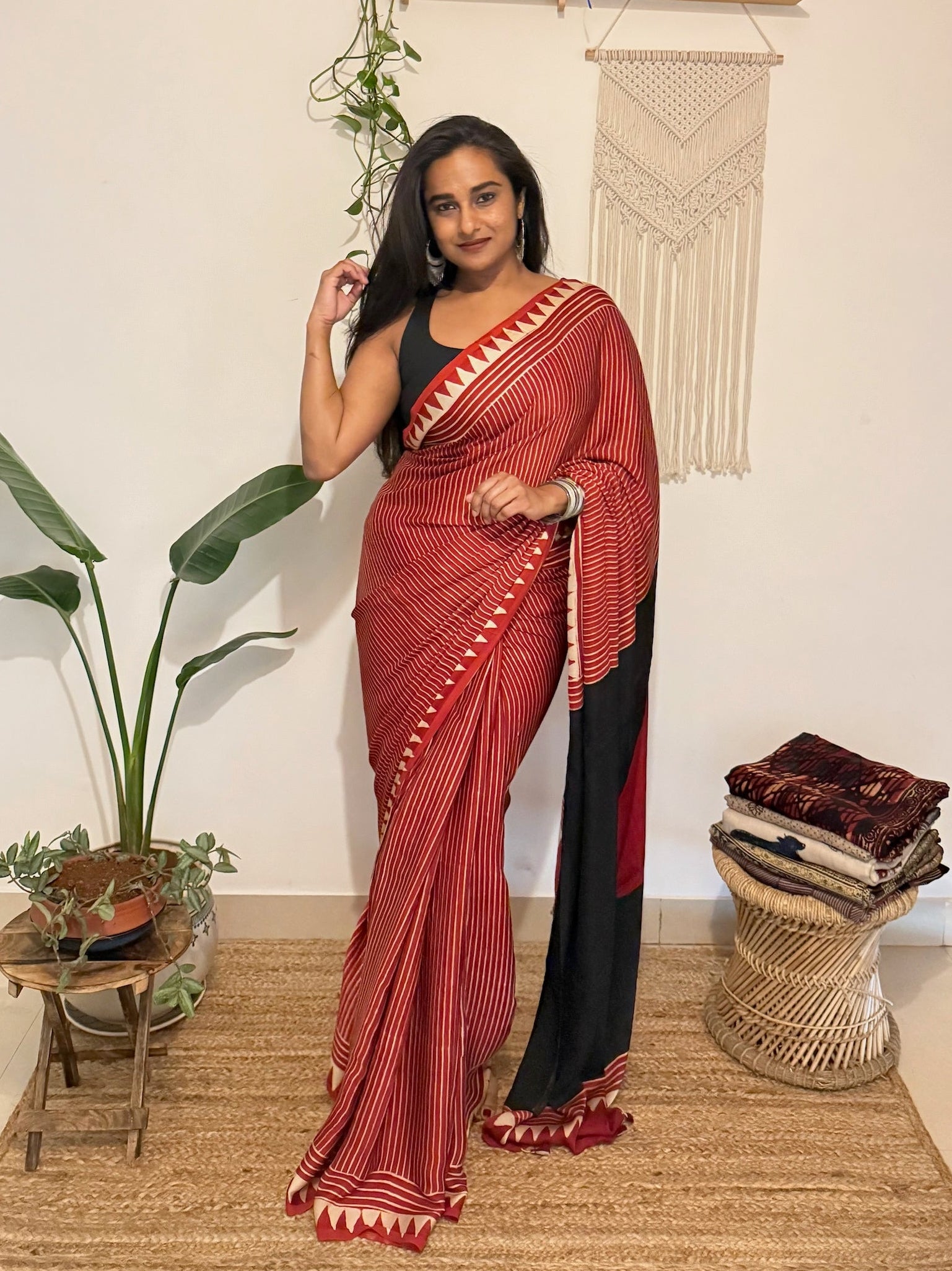 Aarzoo: Red and Cream Striped Ajrakh Handblock Printed Modal Saree