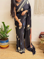 Velvet Night: Black Oversized Polka Dots Ajrakh Handblock Printed Modal Saree