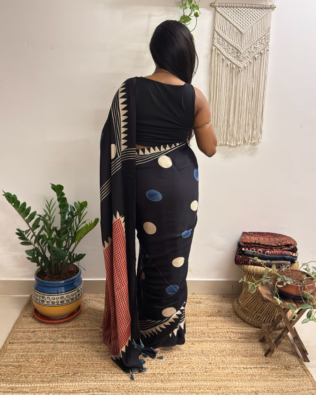 Velvet Night: Black Oversized Polka Dots Ajrakh Handblock Printed Modal Saree