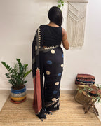 Velvet Night: Black Oversized Polka Dots Ajrakh Handblock Printed Modal Saree