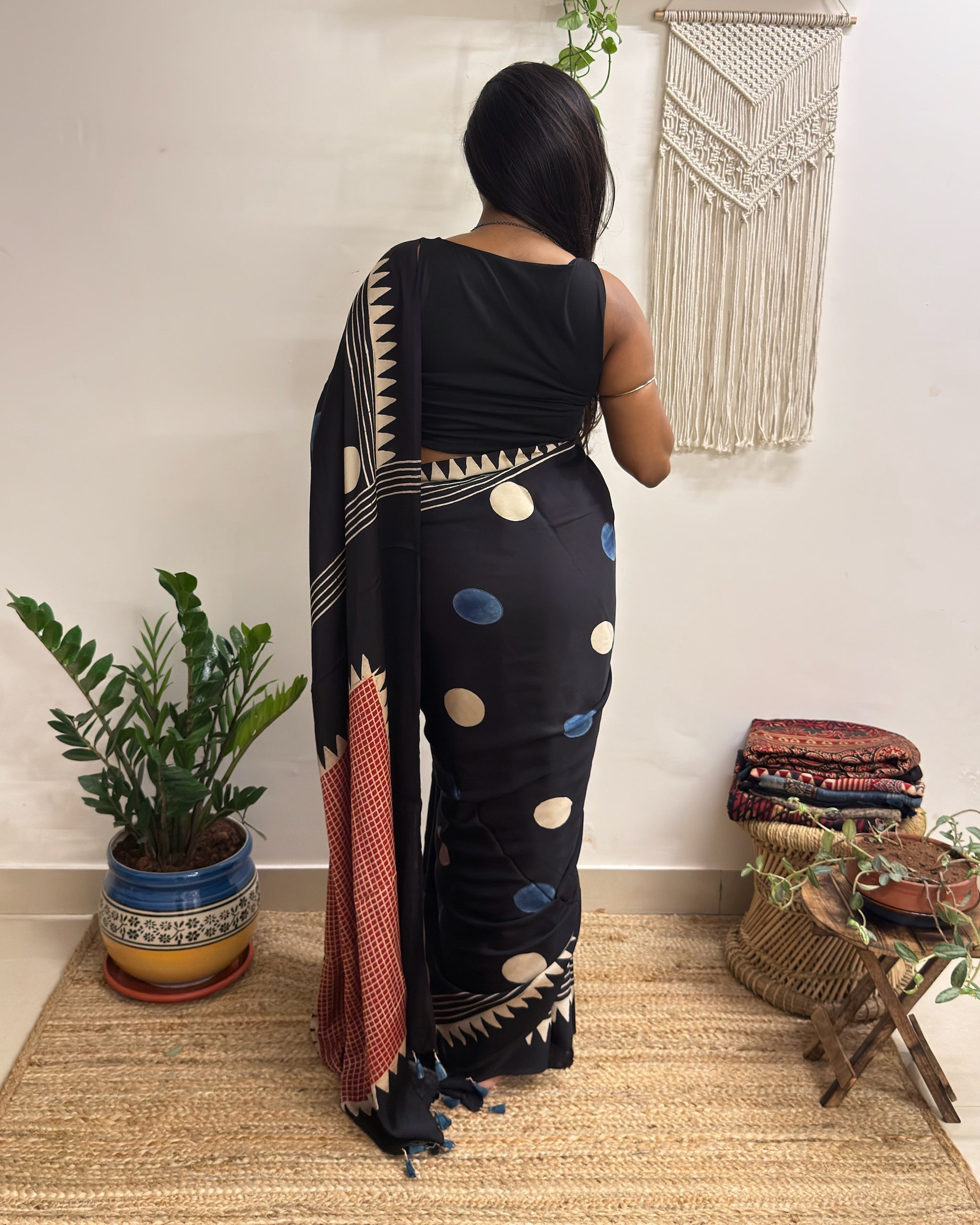 Velvet Night: Black Oversized Polka Dots Ajrakh Handblock Printed Modal Saree