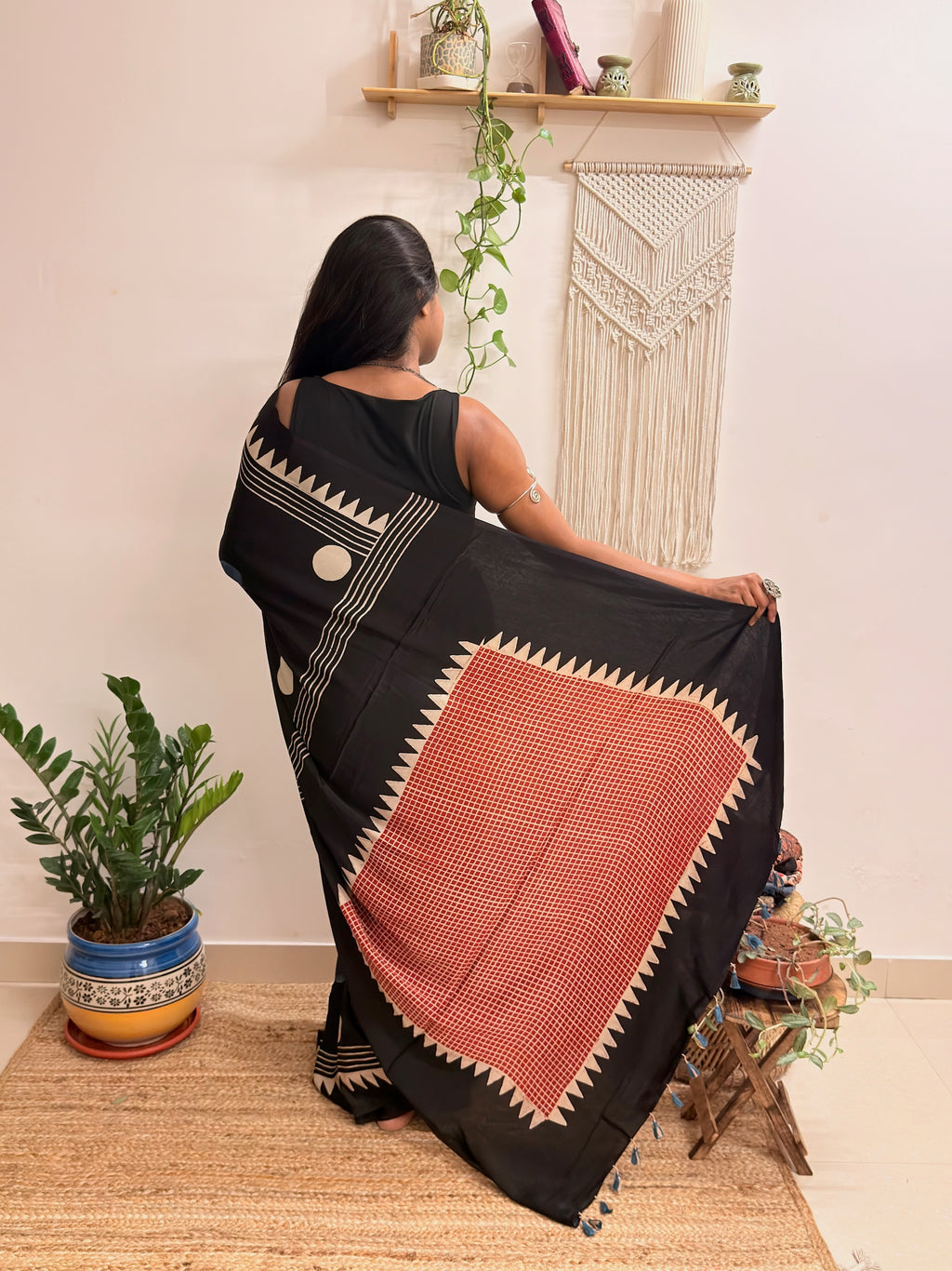 Velvet Night: Black Oversized Polka Dots Ajrakh Handblock Printed Modal Saree