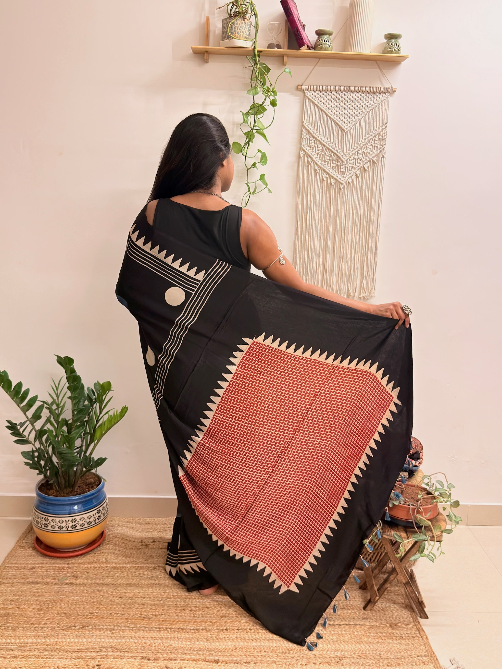 Velvet Night: Black Oversized Polka Dots Ajrakh Handblock Printed Modal Saree