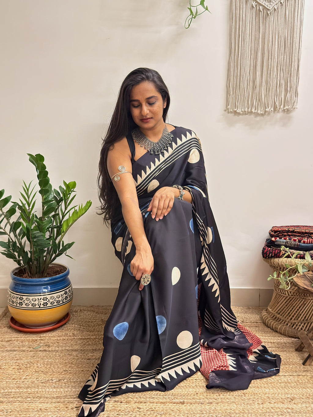 Velvet Night: Black Oversized Polka Dots Ajrakh Handblock Printed Modal Saree