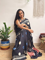 Velvet Night: Black Oversized Polka Dots Ajrakh Handblock Printed Modal Saree
