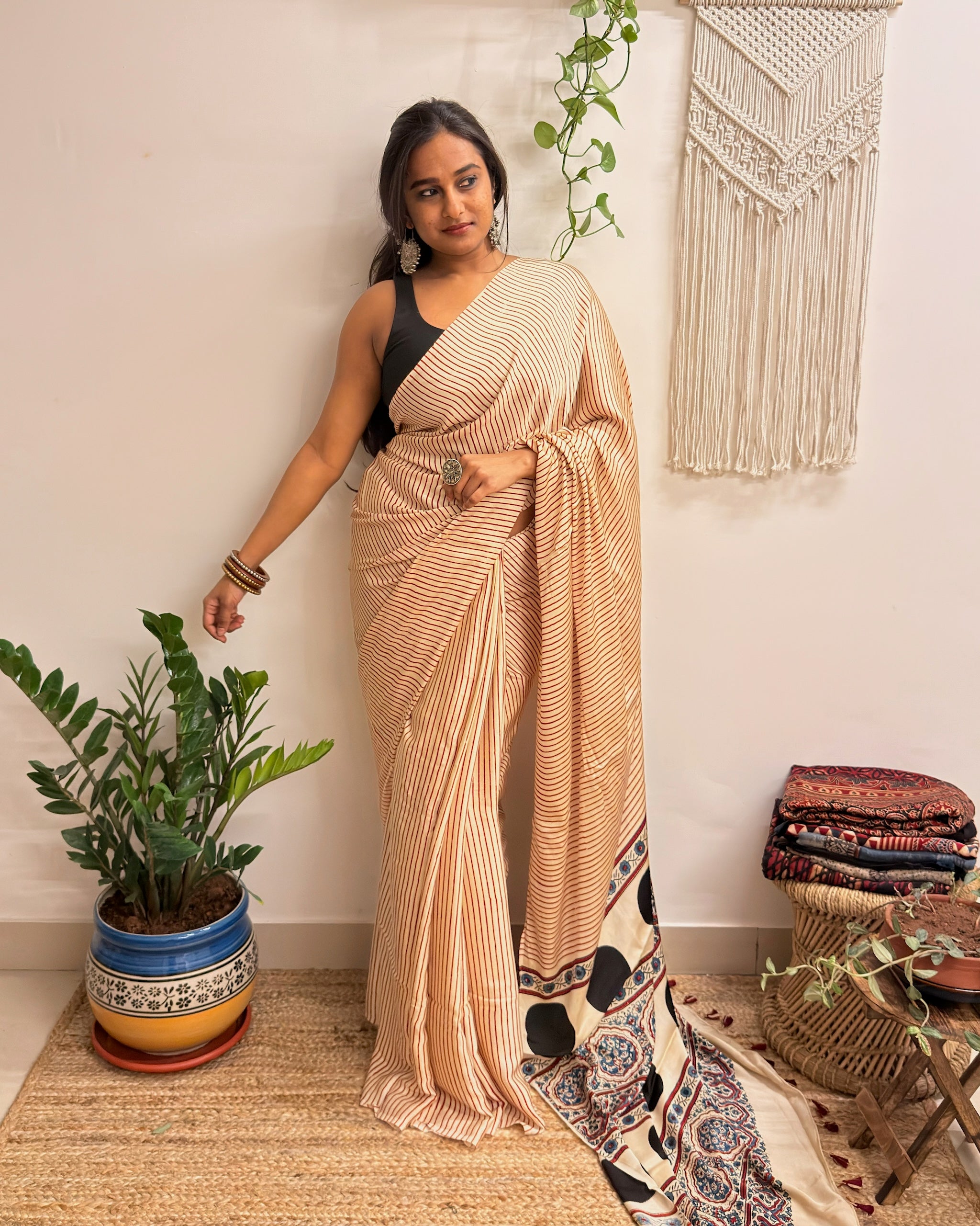 Afterhours: Cream and Red Striped Ajrakh Handblock Printed Saree