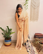 Afterhours: Cream and Red Striped Ajrakh Handblock Printed Saree