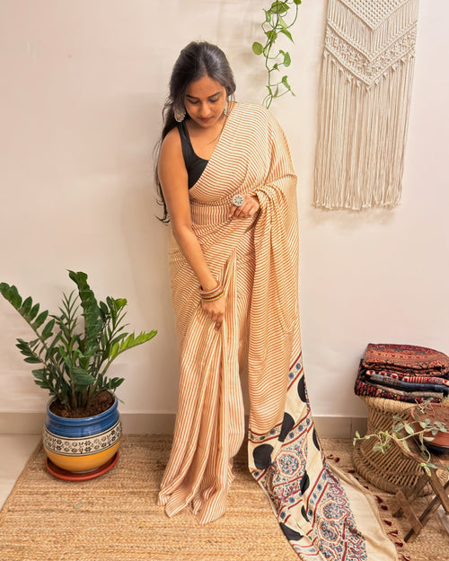 Afterhours: Cream and Red Striped Ajrakh Handblock Printed Saree
