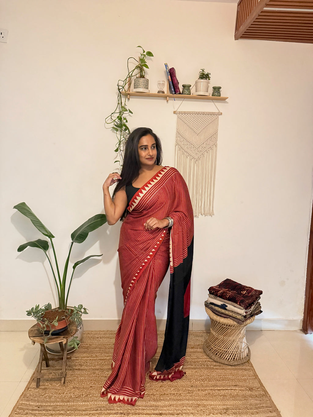 Aarzoo: Red and Cream Striped Ajrakh Handblock Printed Modal Saree