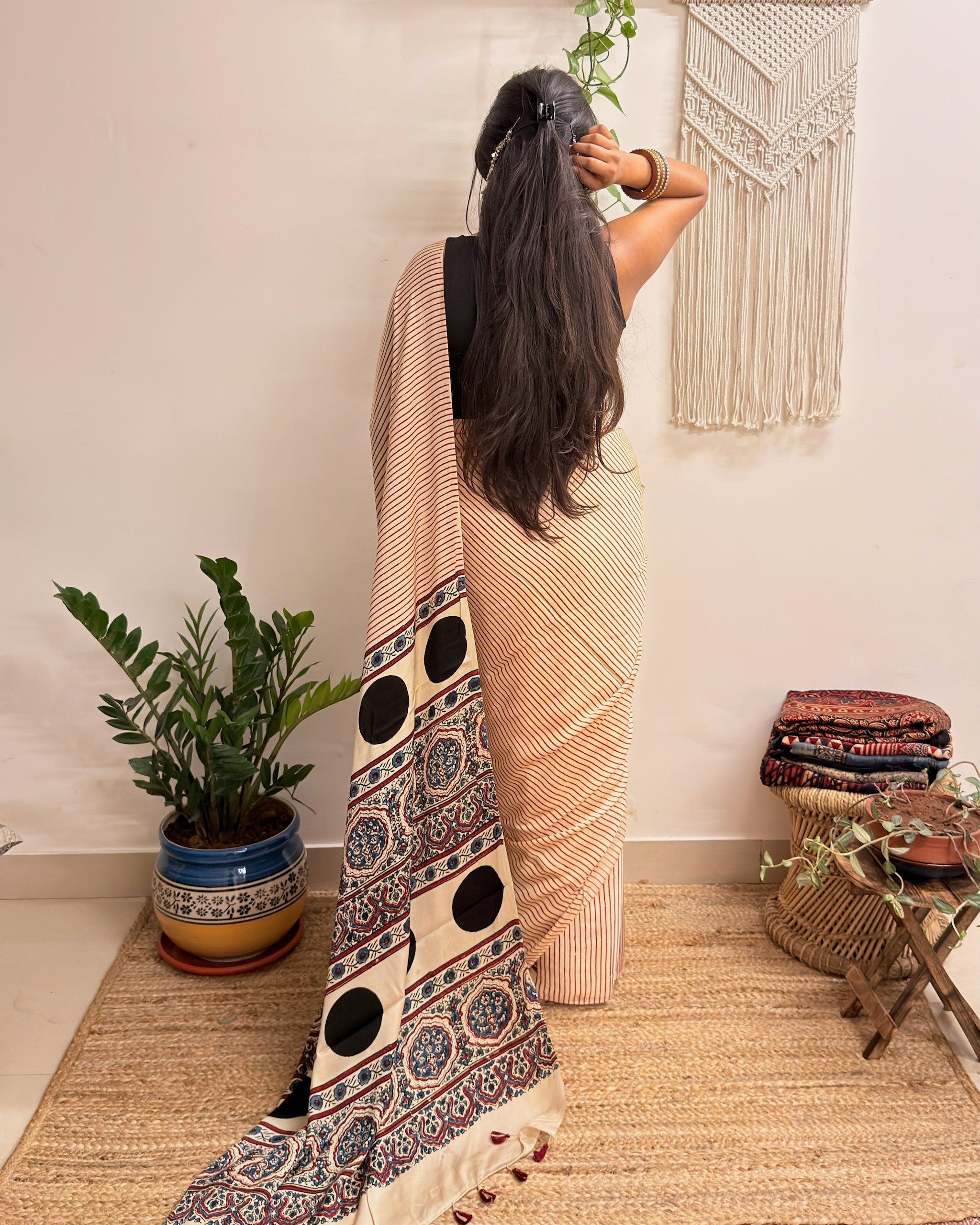 Afterhours: Cream and Red Striped Ajrakh Handblock Printed Saree