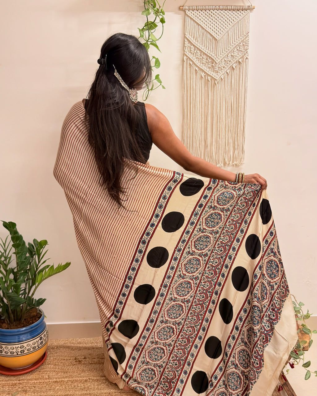 Afterhours: Cream and Red Striped Ajrakh Handblock Printed Saree