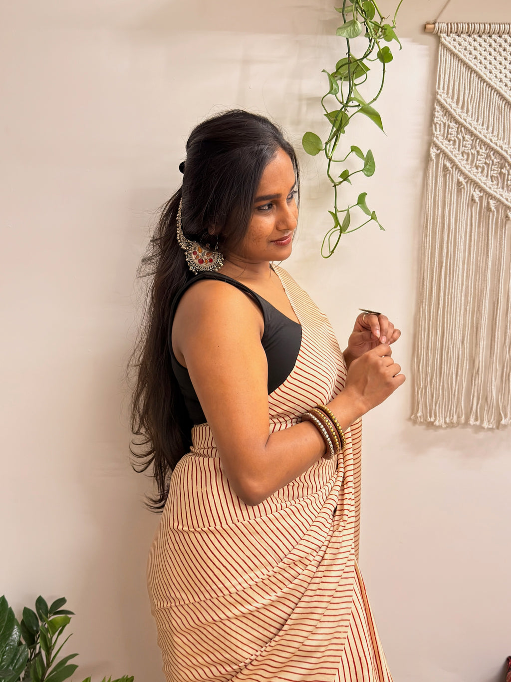 Afterhours: Cream and Red Striped Ajrakh Handblock Printed Saree