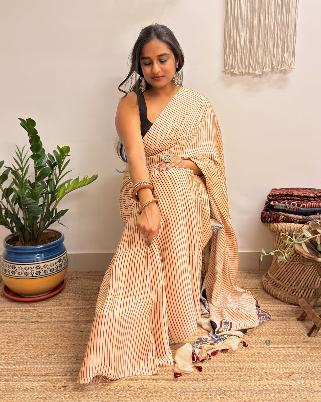 Afterhours: Cream and Red Striped Ajrakh Handblock Printed Saree