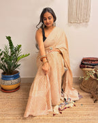 Afterhours: Cream and Red Striped Ajrakh Handblock Printed Saree