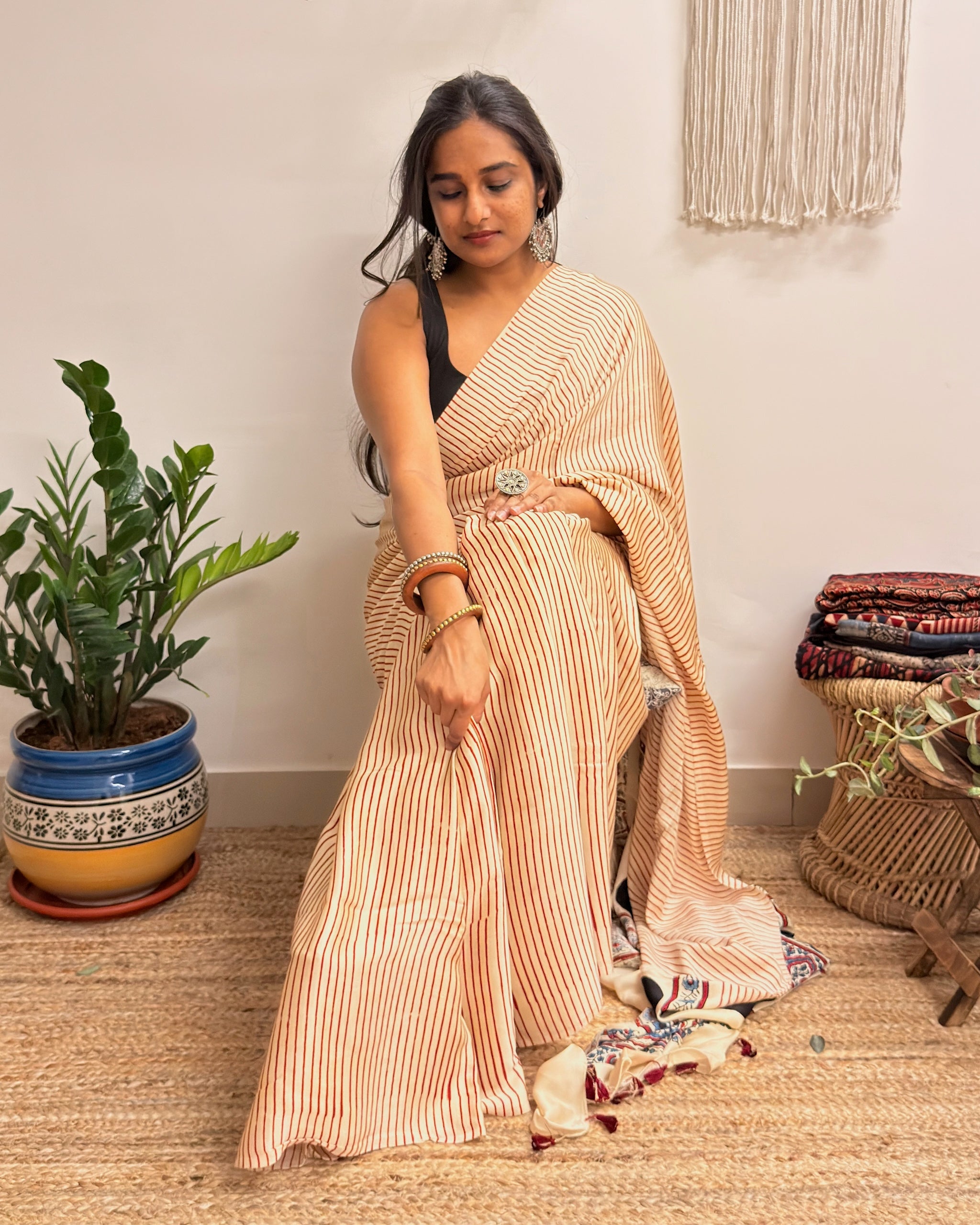 Afterhours: Cream and Red Striped Ajrakh Handblock Printed Saree