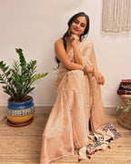 Afterhours: Cream and Red Striped Ajrakh Handblock Printed Saree