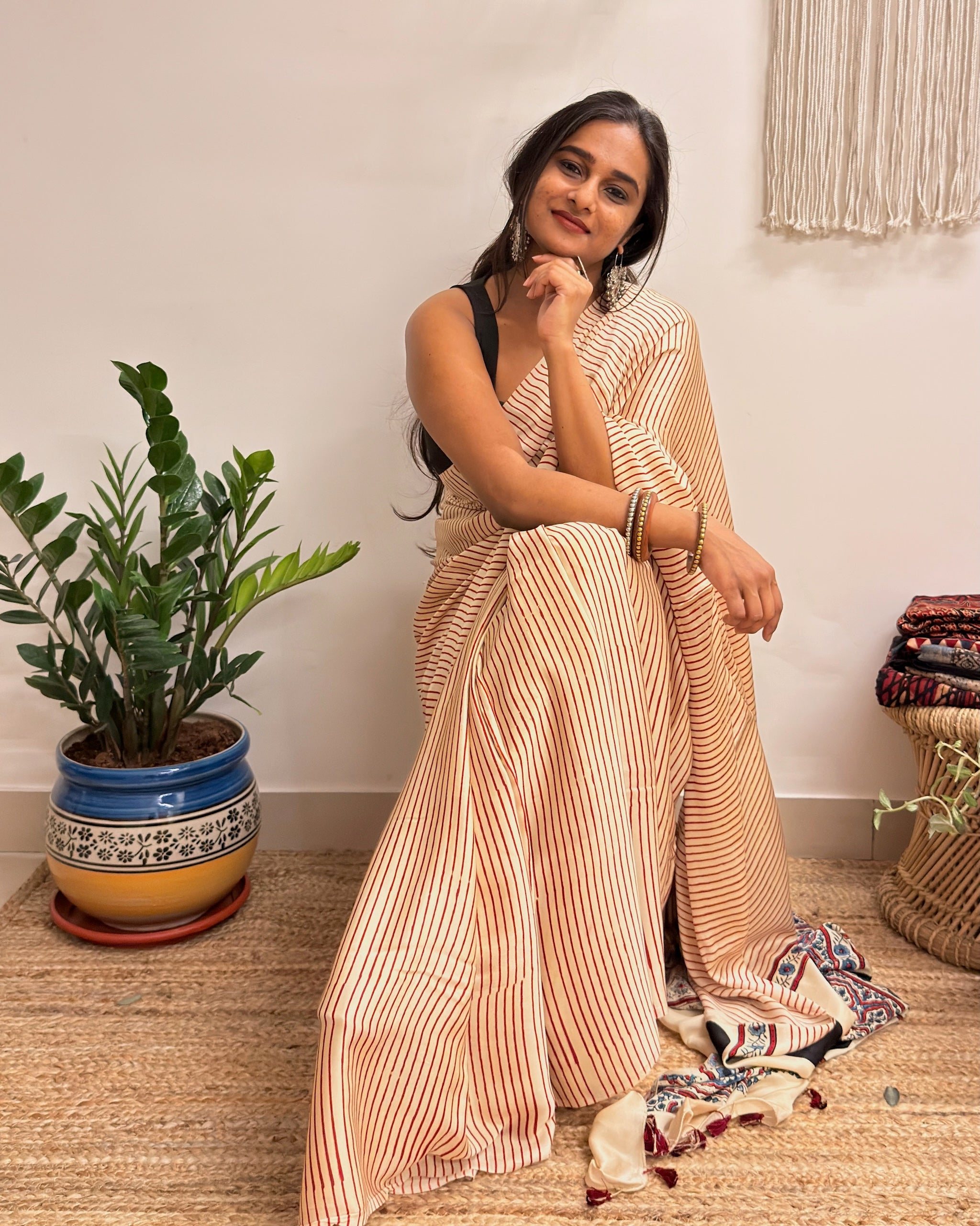 Afterhours: Cream and Red Striped Ajrakh Handblock Printed Saree