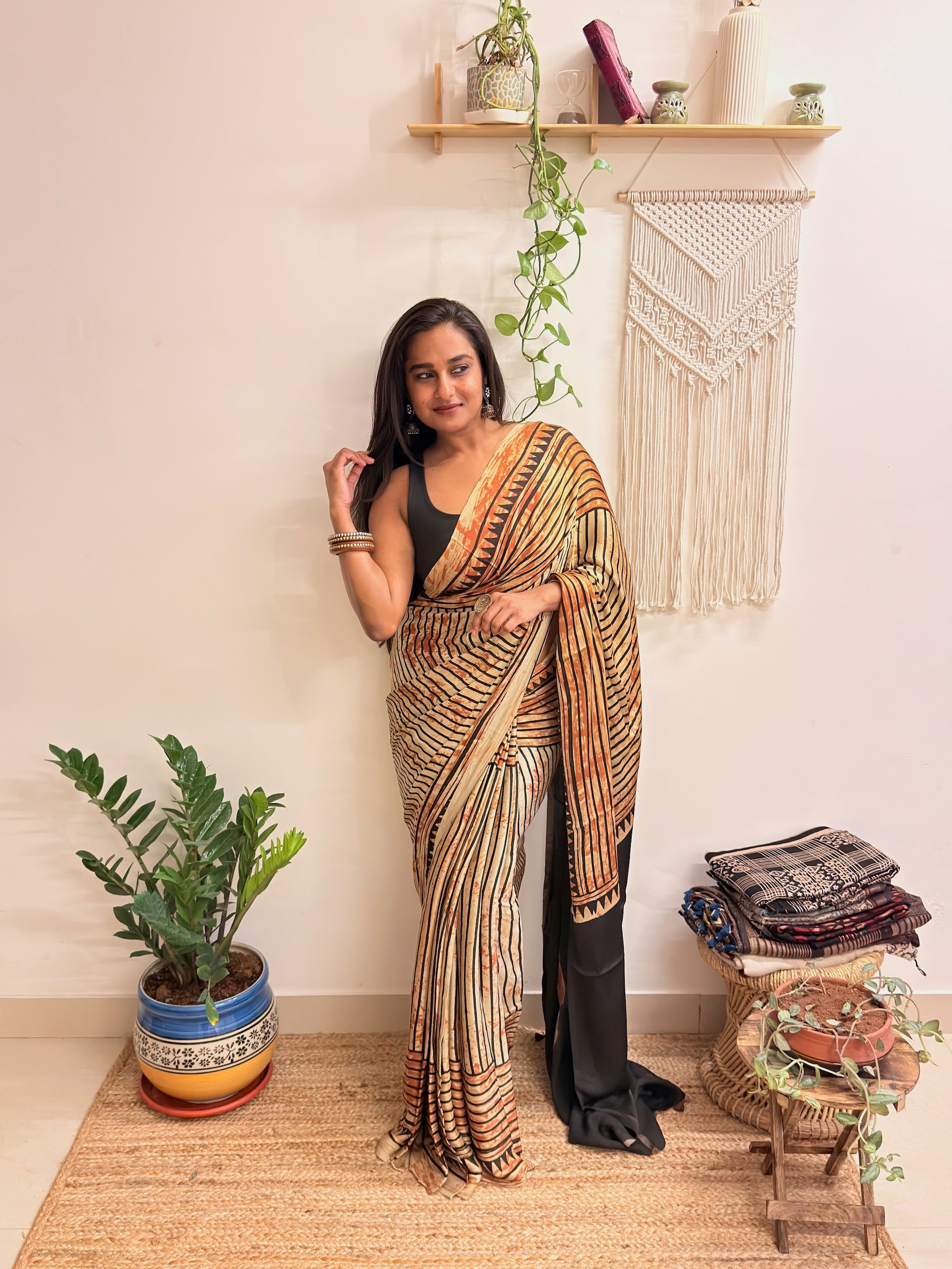The Eclipse: Beige and Black Striped Ajrakh Handblock Printed Modal Saree