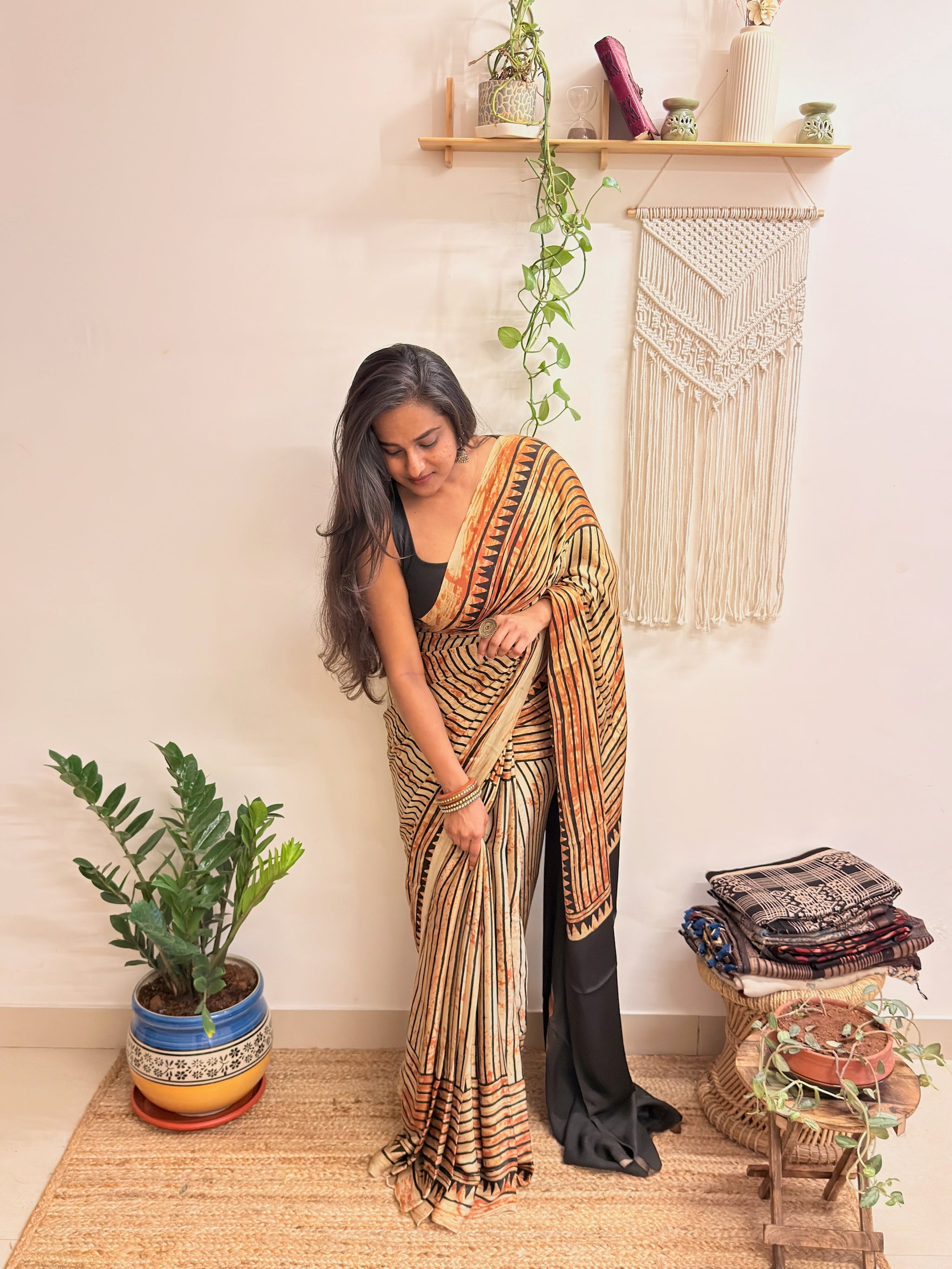 The Eclipse: Beige and Black Striped Ajrakh Handblock Printed Modal Saree
