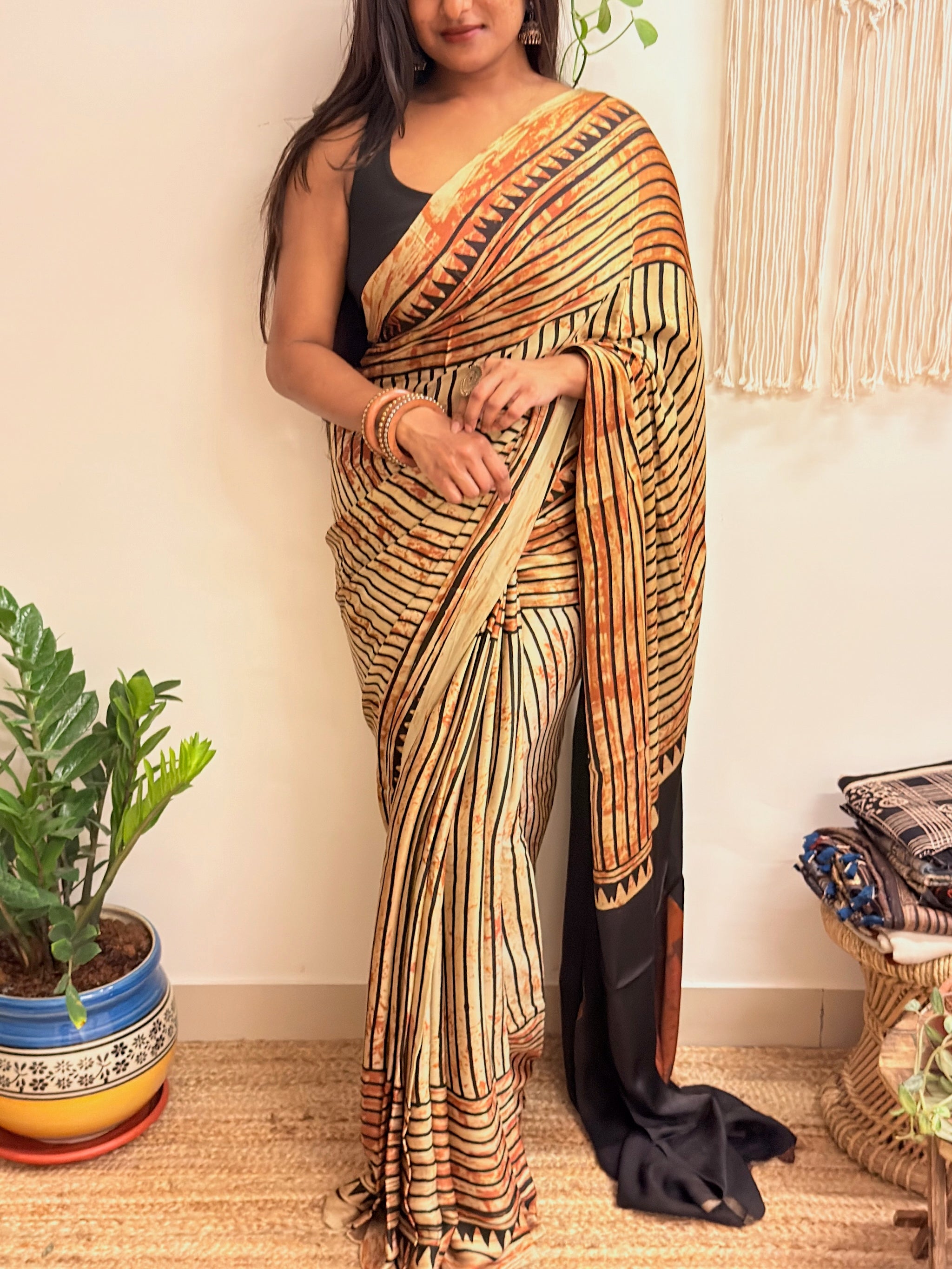 The Eclipse: Beige and Black Striped Ajrakh Handblock Printed Modal Saree