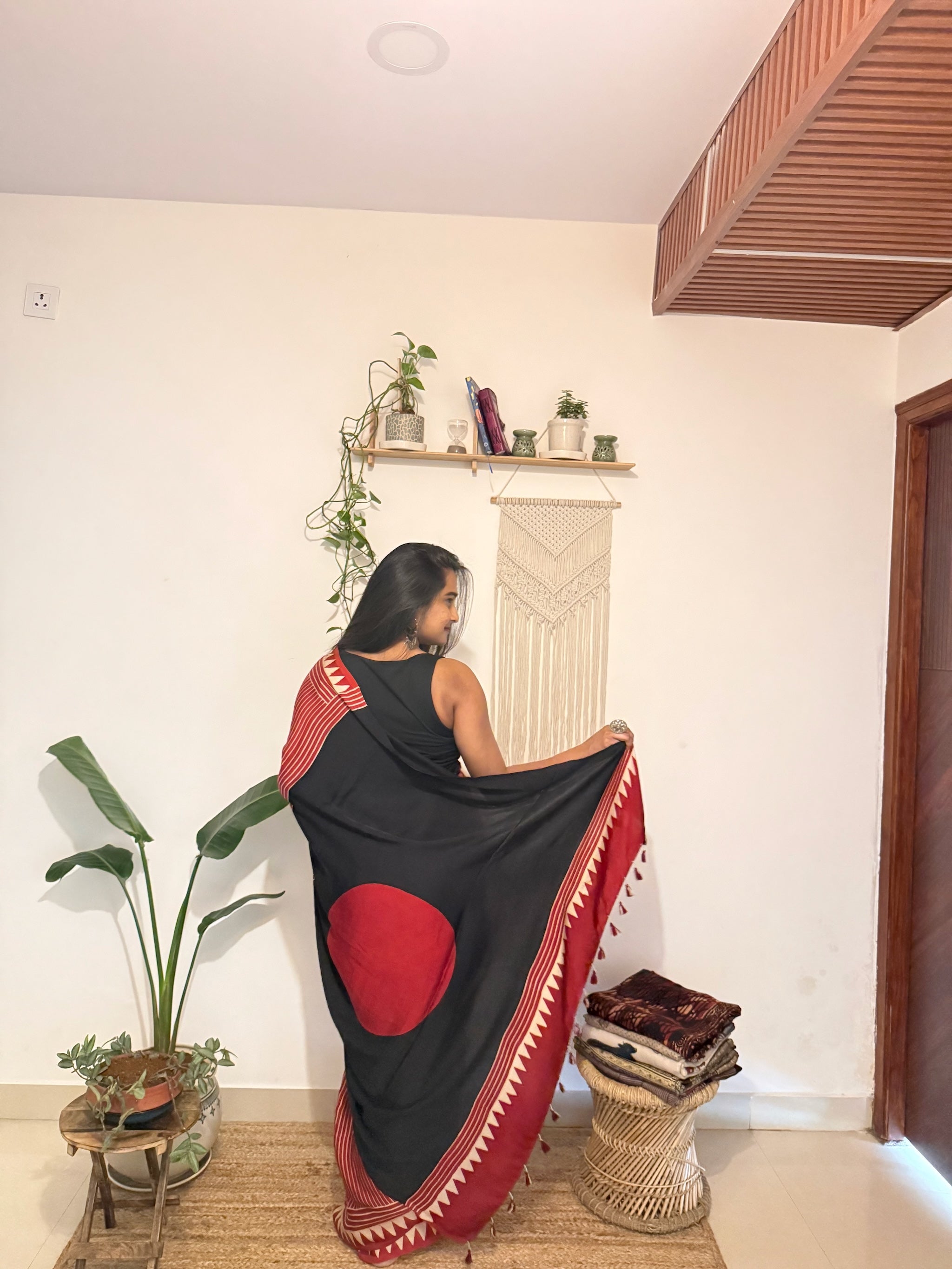 Aarzoo: Red and Cream Striped Ajrakh Handblock Printed Modal Saree