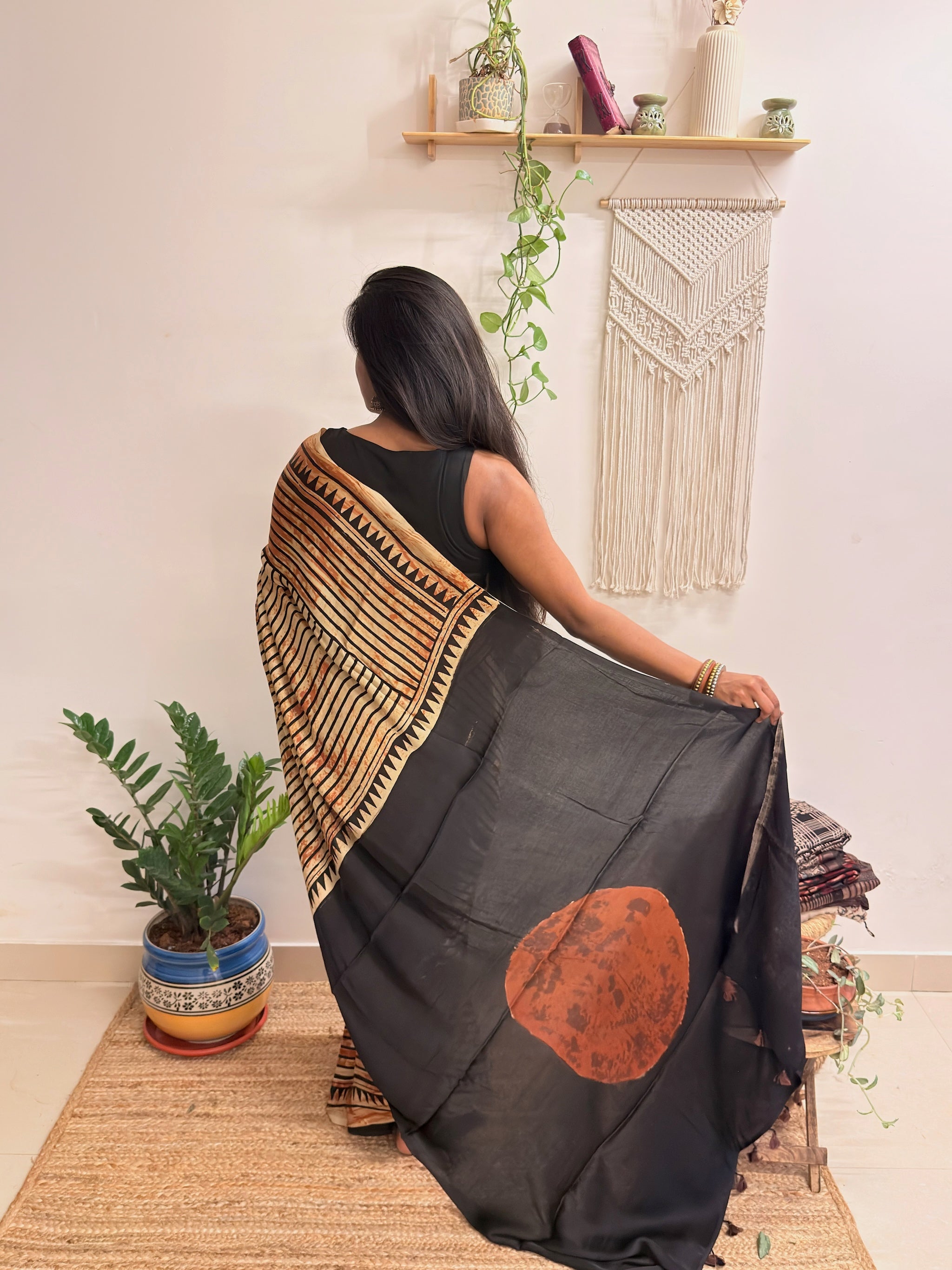 The Eclipse: Beige and Black Striped Ajrakh Handblock Printed Modal Saree