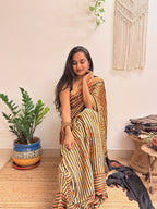 The Eclipse: Beige and Black Striped Ajrakh Handblock Printed Modal Saree
