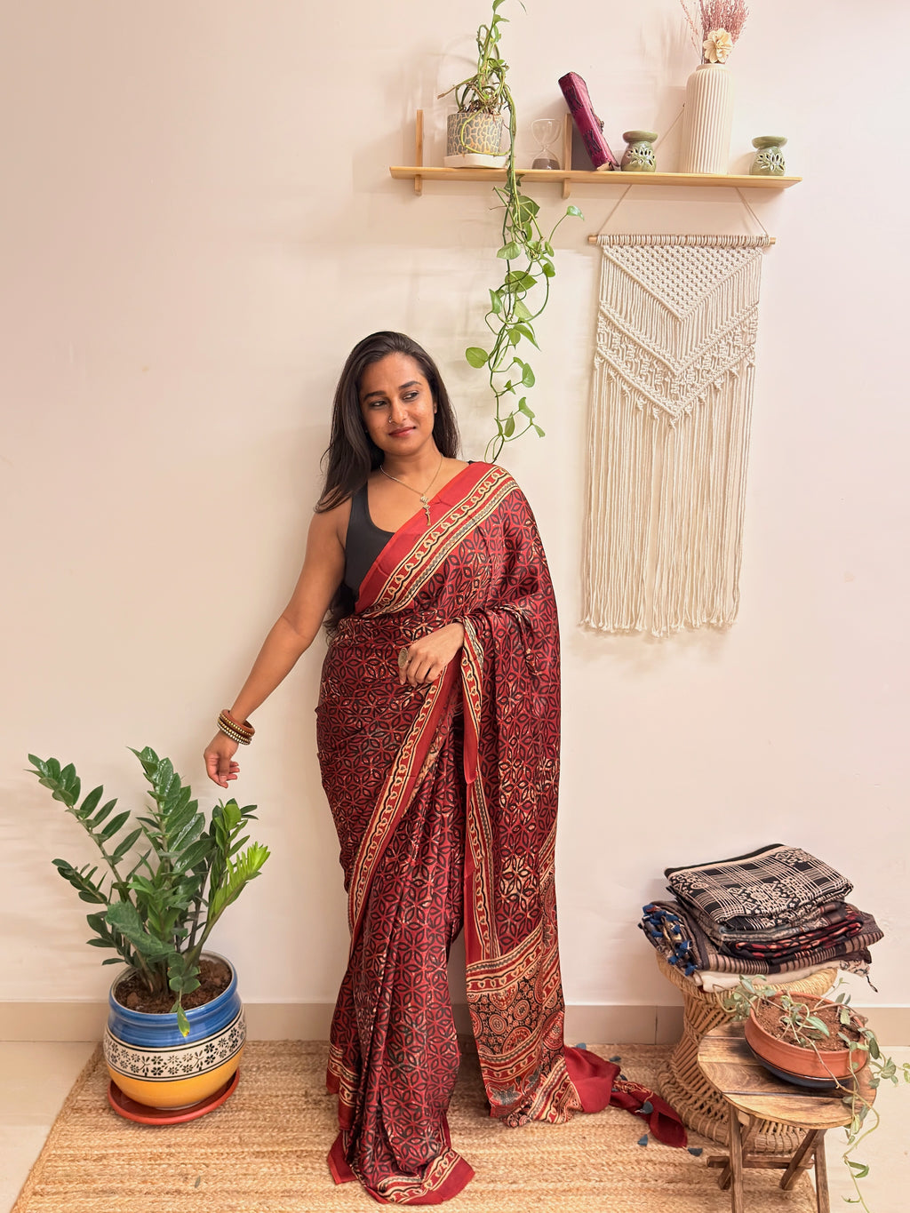 Rangrez: Deep Red Ajrakh Handblock Printed Modal Saree