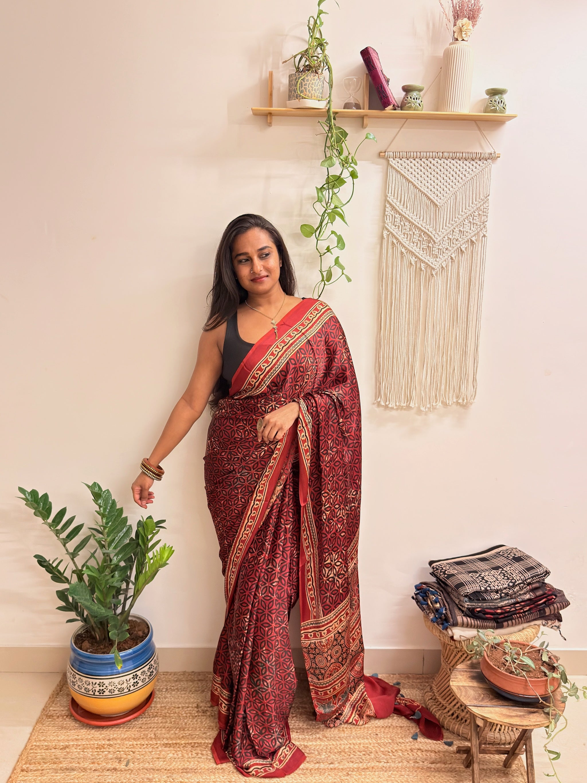 Rangrez: Deep Red Ajrakh Handblock Printed Modal Saree