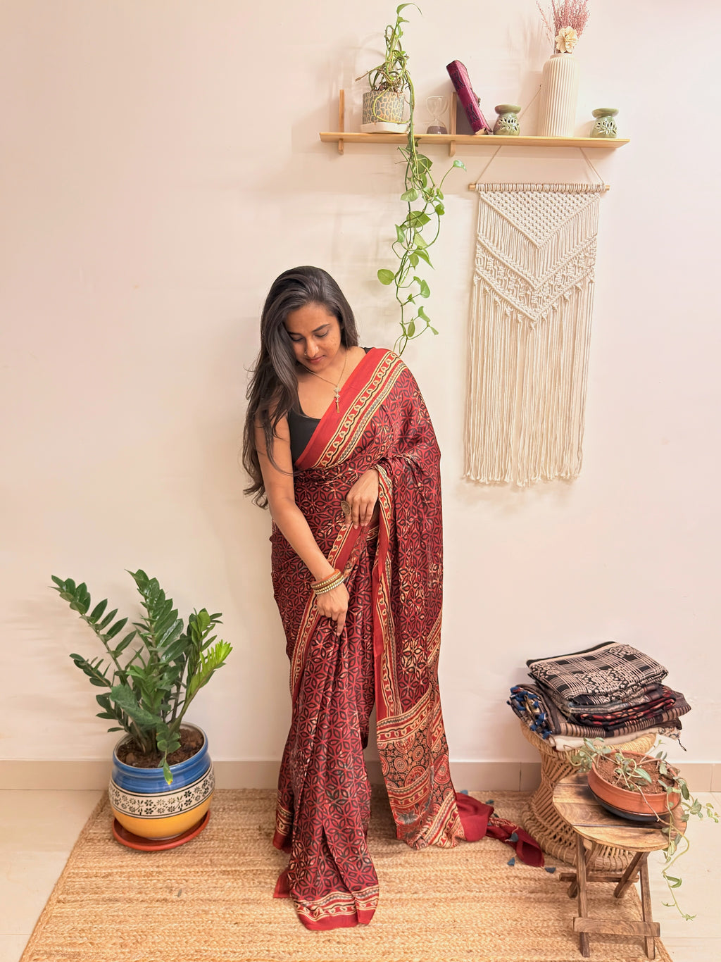 Rangrez: Deep Red Ajrakh Handblock Printed Modal Saree