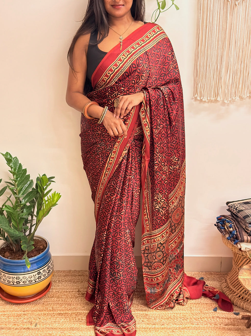 Rangrez: Deep Red Ajrakh Handblock Printed Modal Saree