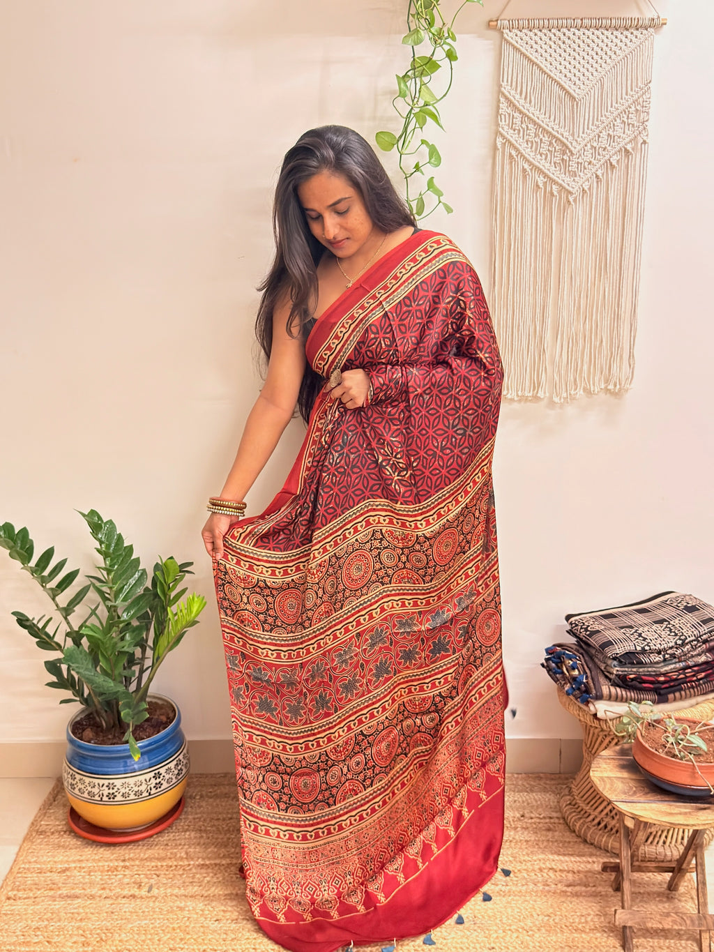 Rangrez: Deep Red Ajrakh Handblock Printed Modal Saree