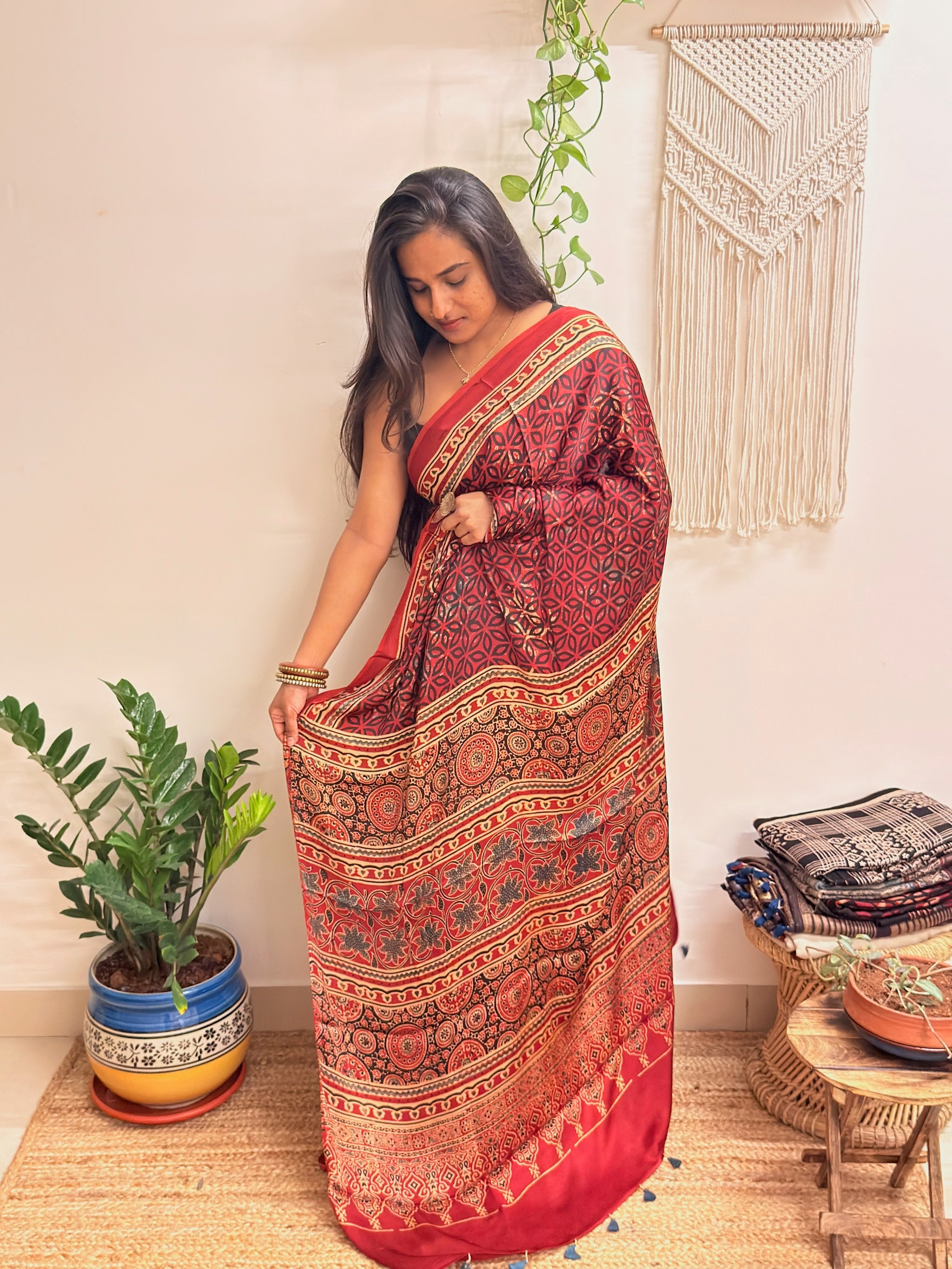 Rangrez: Deep Red Ajrakh Handblock Printed Modal Saree