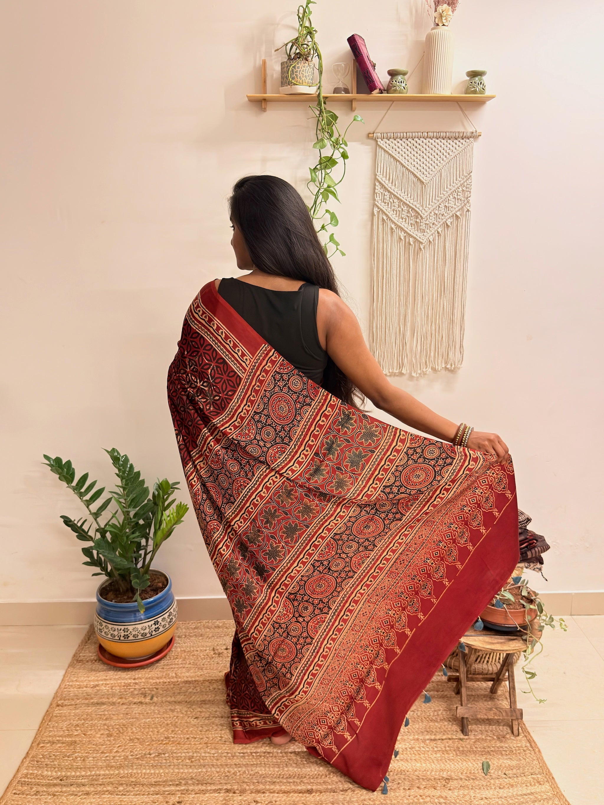 Rangrez: Deep Red Ajrakh Handblock Printed Modal Saree