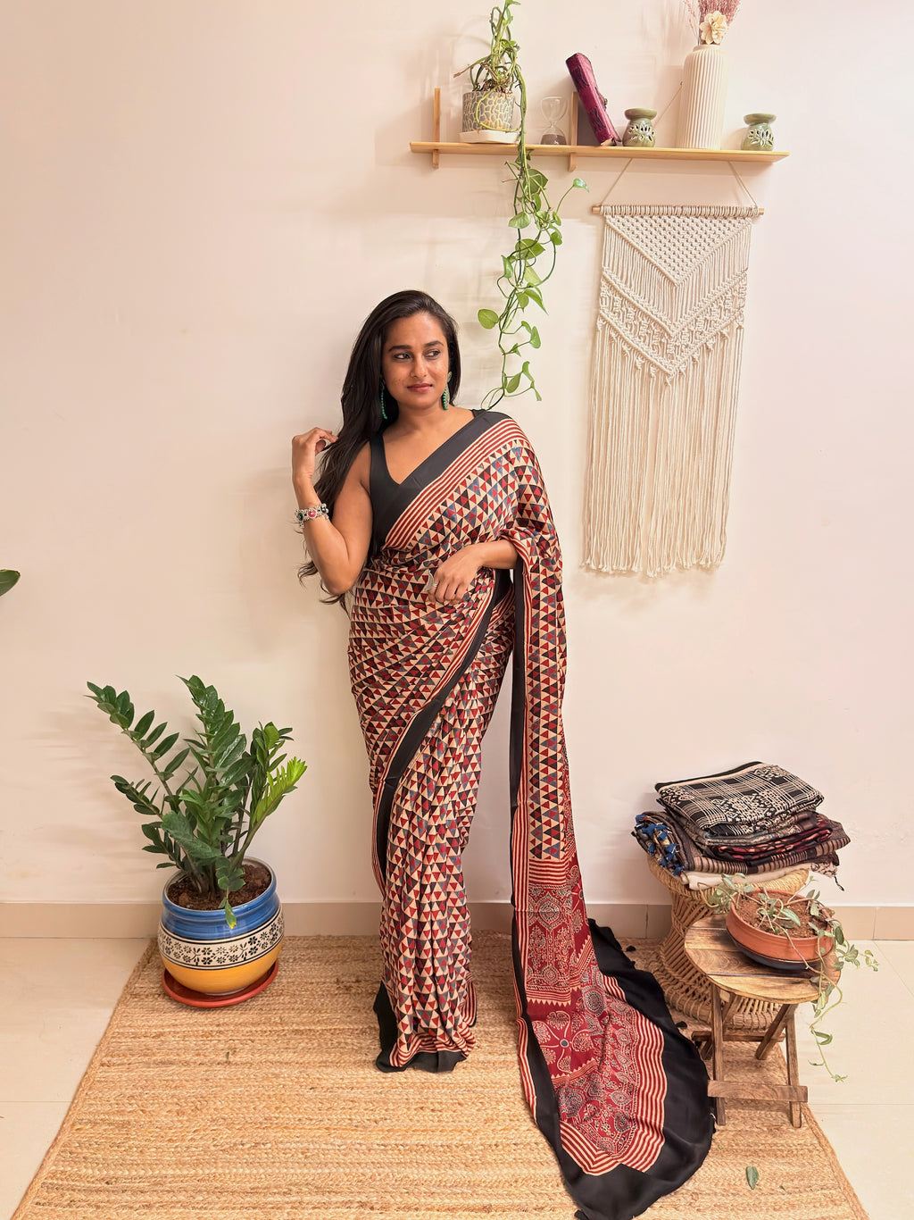Daydream: Cream and Red Ajrakh Handblock Printed Modal Saree