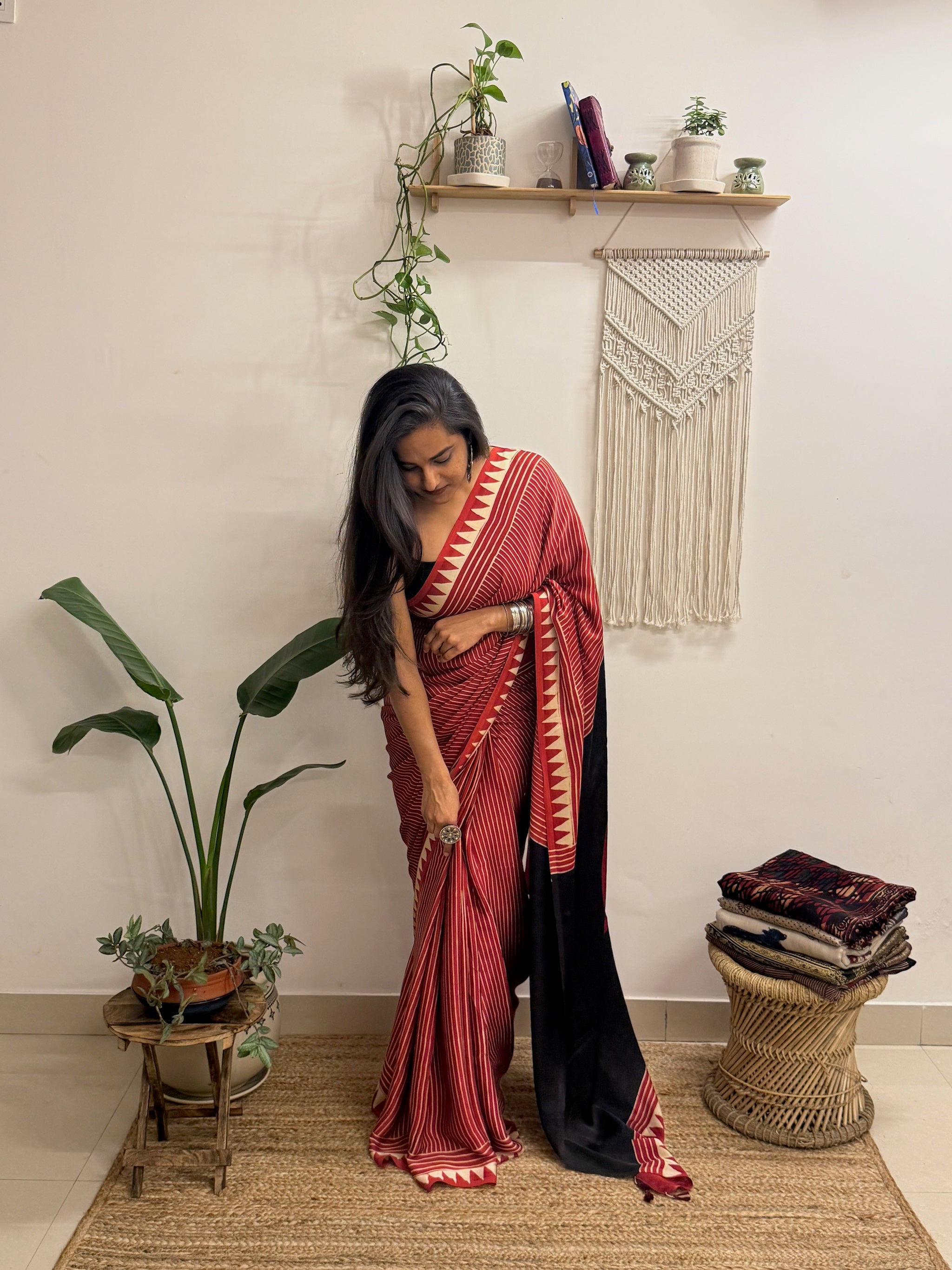 Aarzoo: Red and Cream Striped Ajrakh Handblock Printed Modal Saree