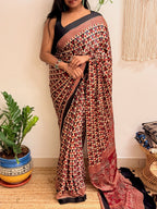 Daydream: Cream and Red Ajrakh Handblock Printed Modal Saree