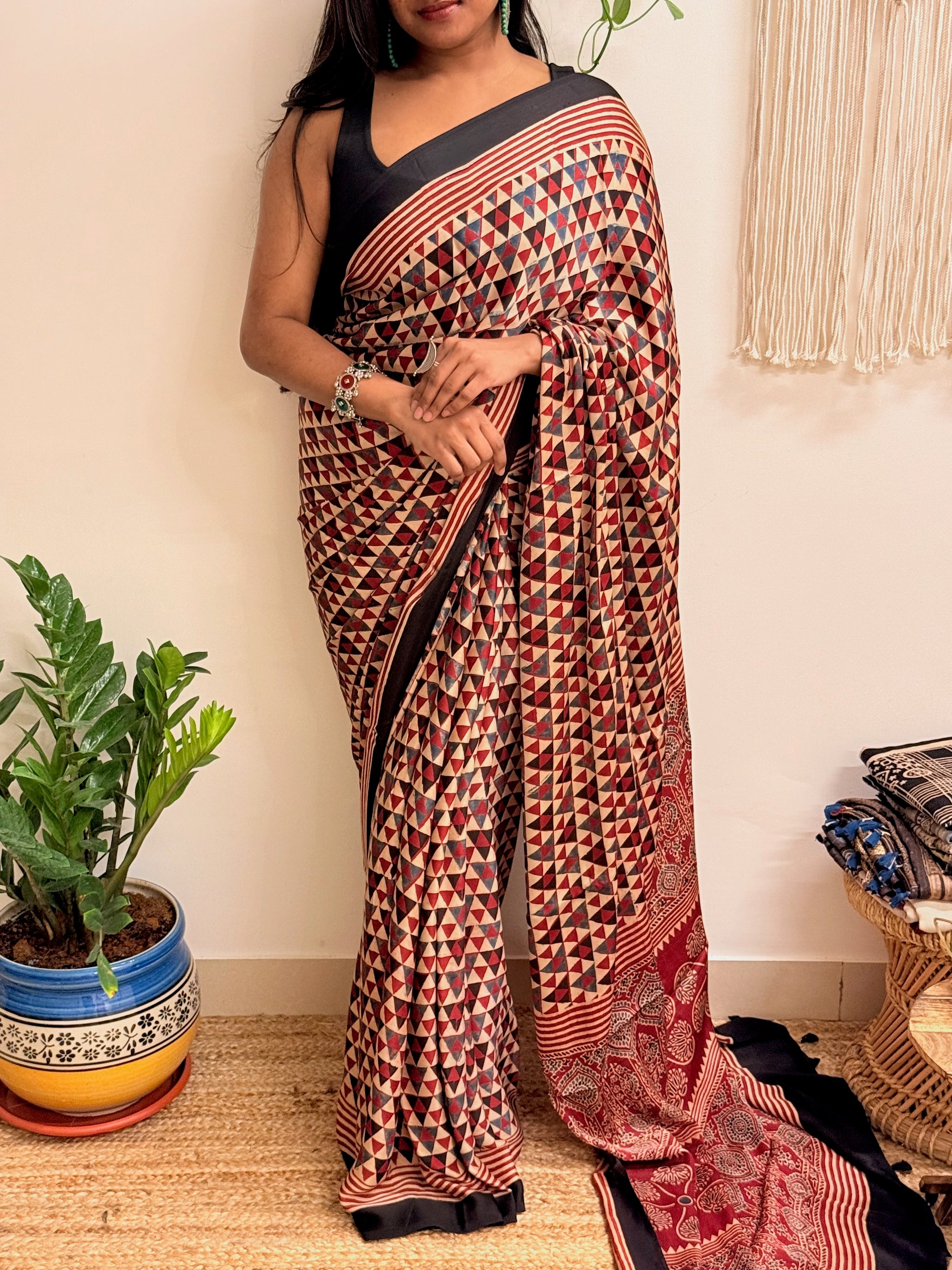 Daydream: Cream and Red Ajrakh Handblock Printed Modal Saree