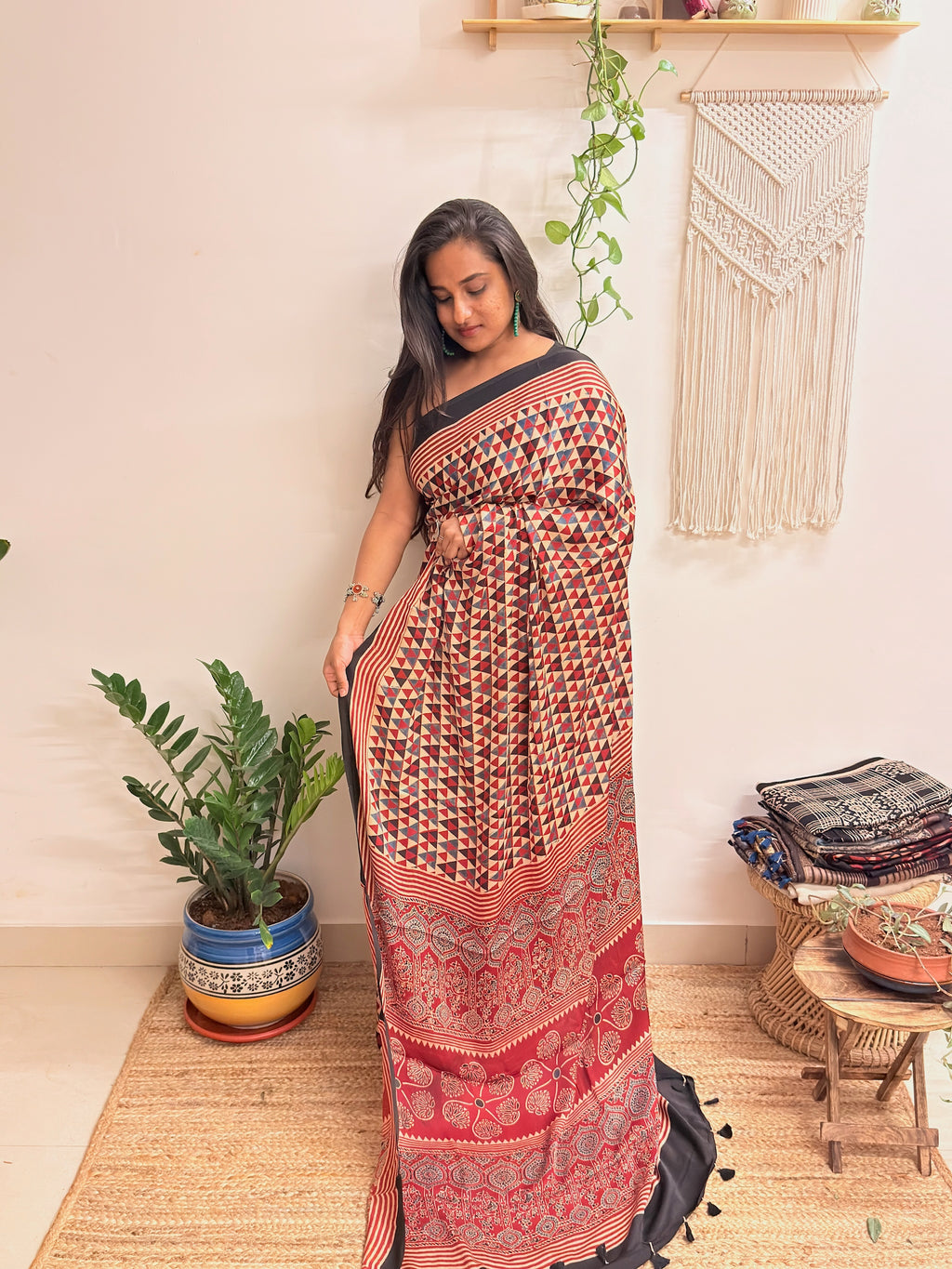 Daydream: Cream and Red Ajrakh Handblock Printed Modal Saree