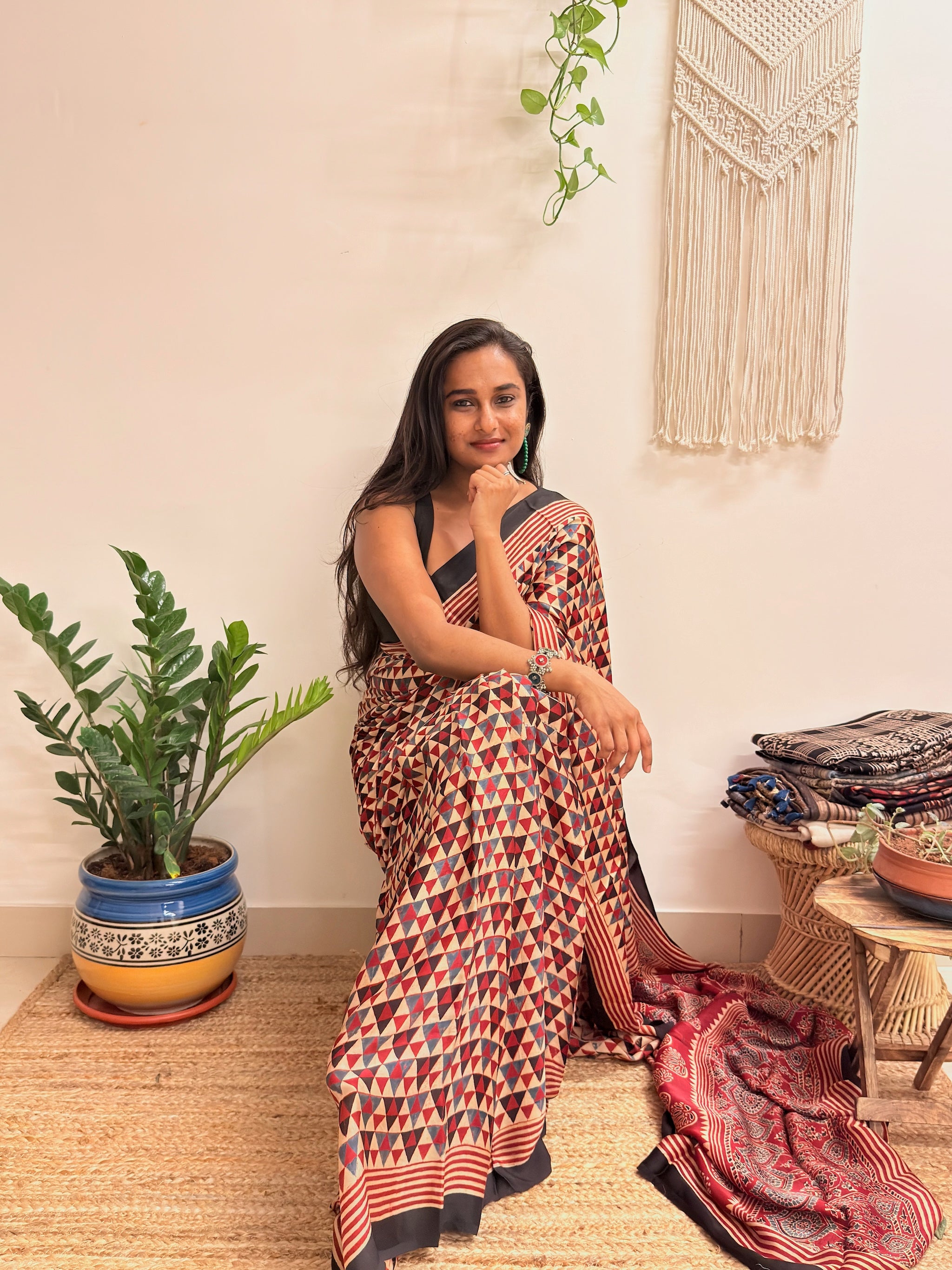 Daydream: Cream and Red Ajrakh Handblock Printed Modal Saree