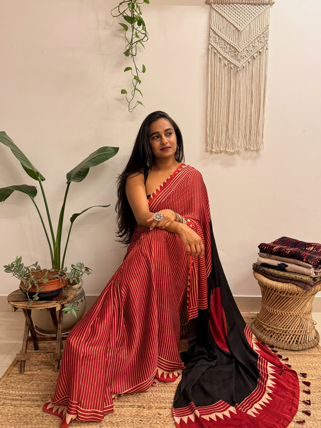Aarzoo: Red and Cream Striped Ajrakh Handblock Printed Modal Saree