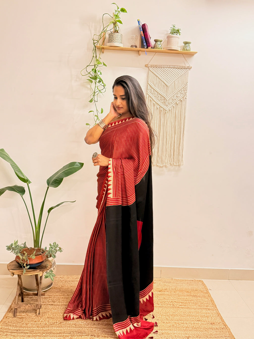 Aarzoo: Red and Cream Striped Ajrakh Handblock Printed Modal Saree