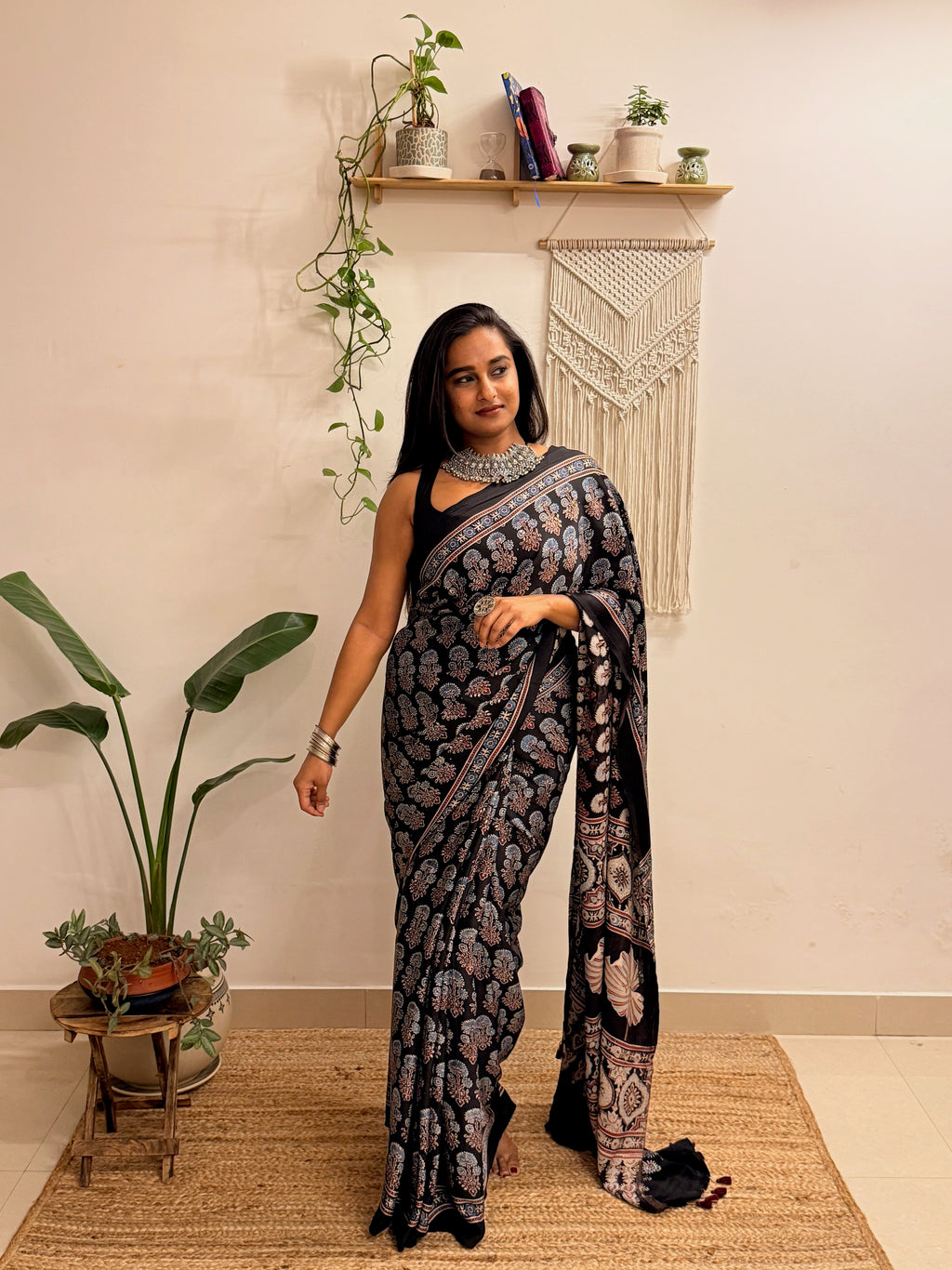 Nazakat: Black Ajrakh Handblock Printed Modal Saree