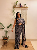 Nazakat: Black Ajrakh Handblock Printed Modal Saree