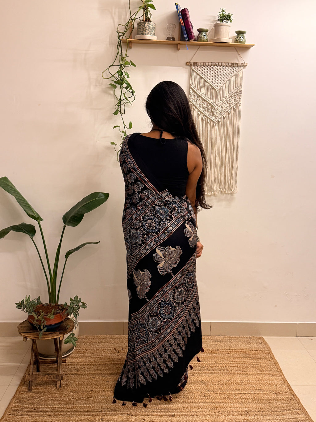 Nazakat: Black Ajrakh Handblock Printed Modal Saree