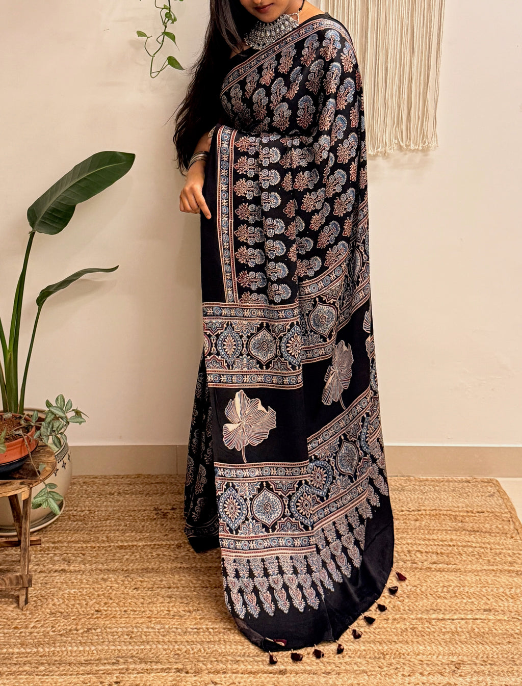 Nazakat: Black Ajrakh Handblock Printed Modal Saree